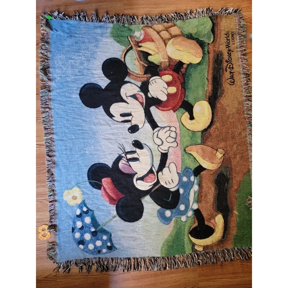 Vintage Disney World Mickey & Minnie Mouse Blanket Tapestry Woven Throw‎ Fringe.